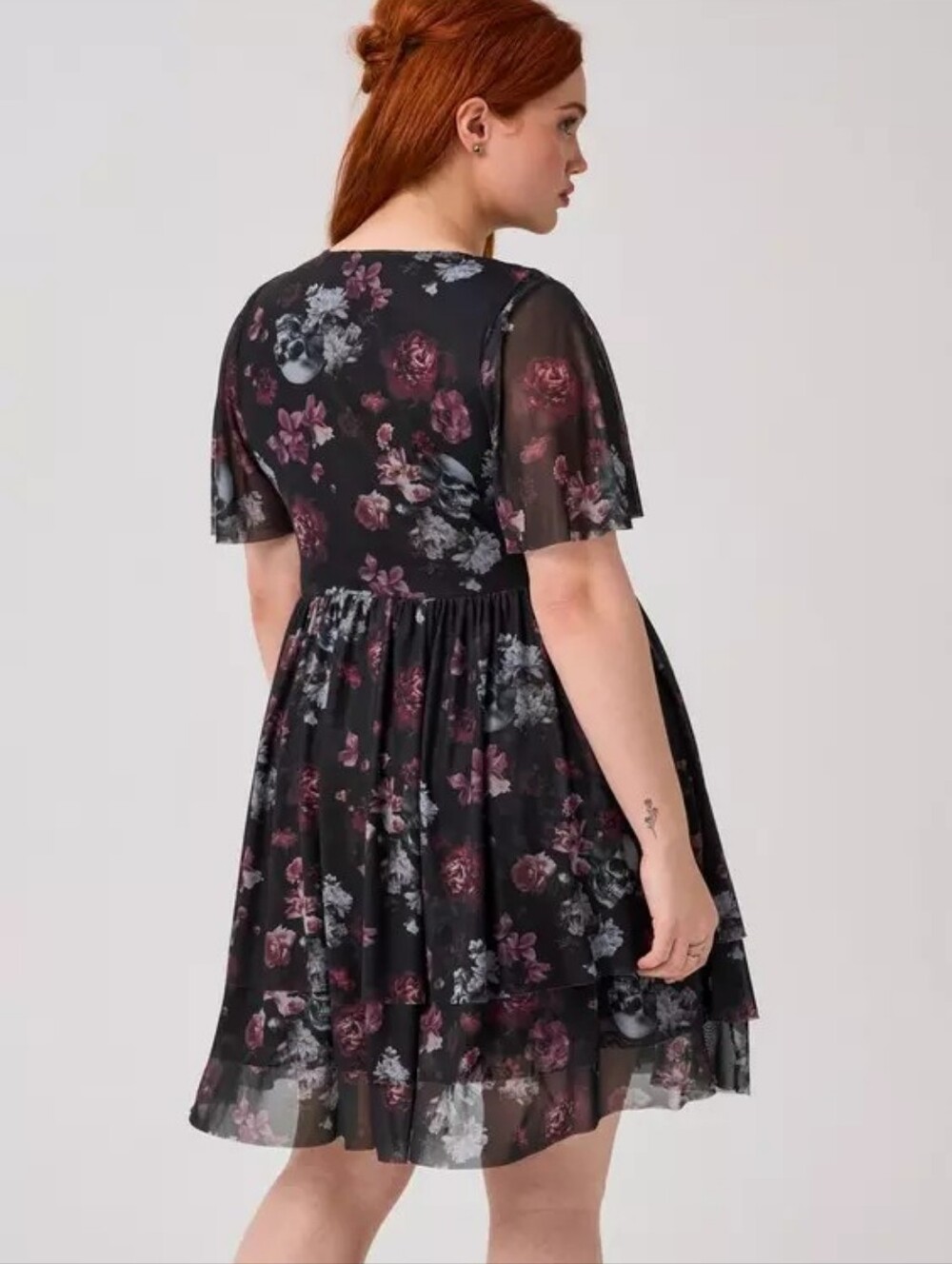 Torrid Nightfall Tiered Mesh Ryley Skull Floral Black V-Neck Mini Dress Plus 2X - Picture 6 of 6